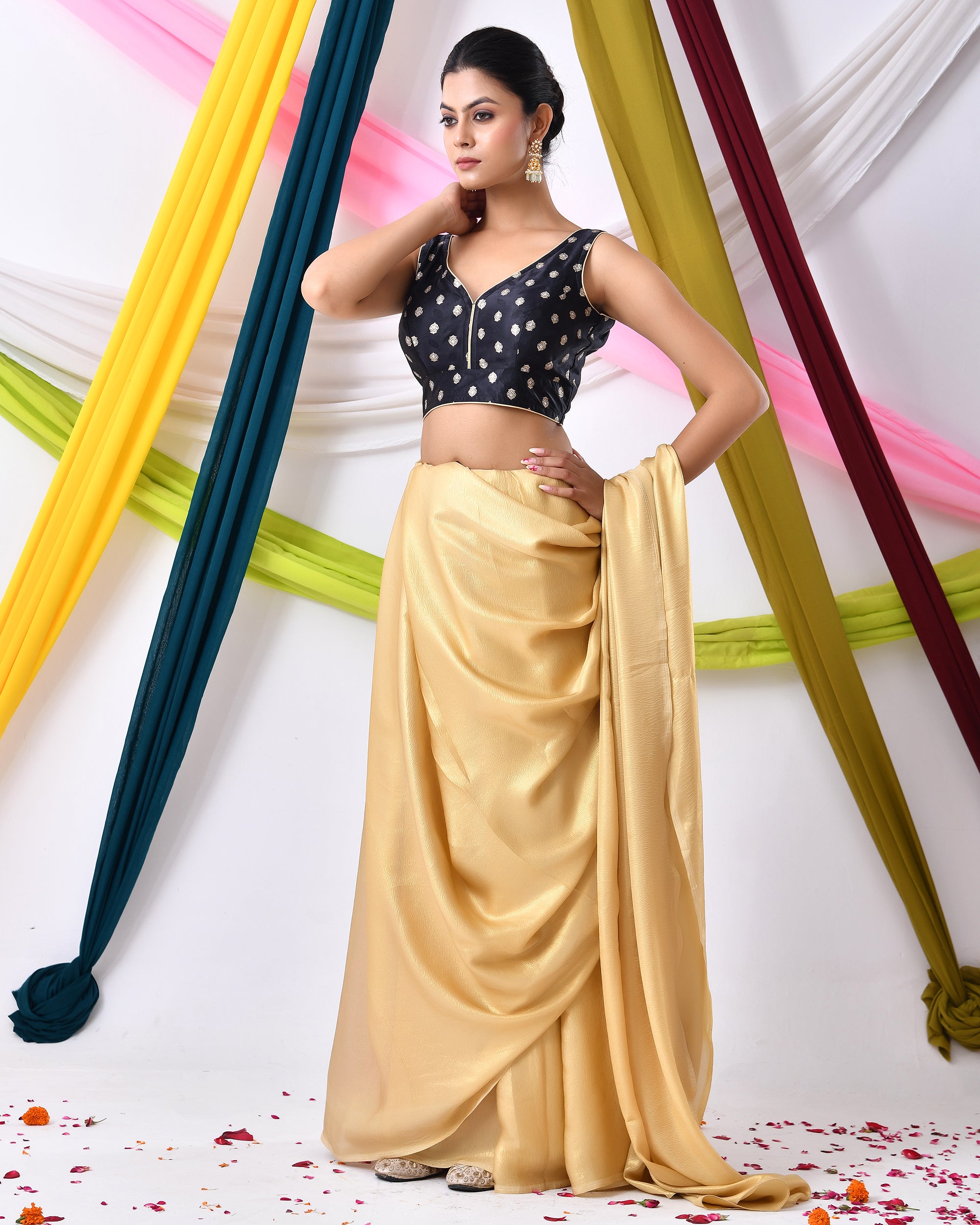 Black Silk V Neck Blouse With Golden Motifs